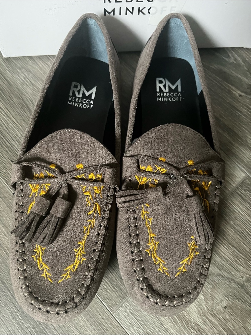 Rebecca Minkoff Taupe Suede Tassel Loafers with Yellow Embroidery